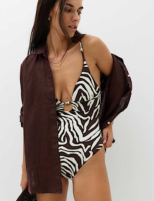 Animal Print Trim Detail Plunge Swimsuit - CN