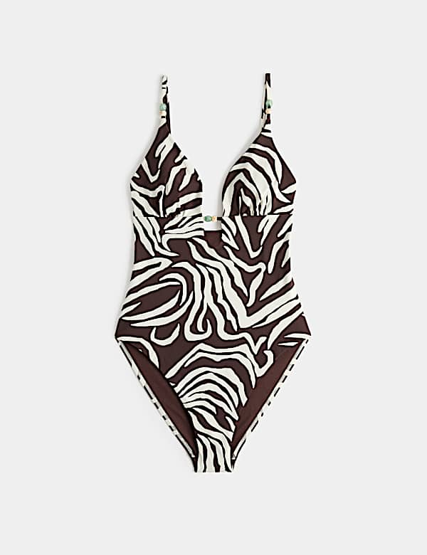 Animal Print Trim Detail Plunge Swimsuit - CN