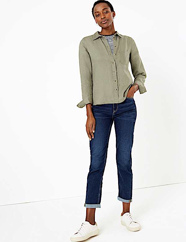 Pure Linen Button Detail Long Sleeve Shirt