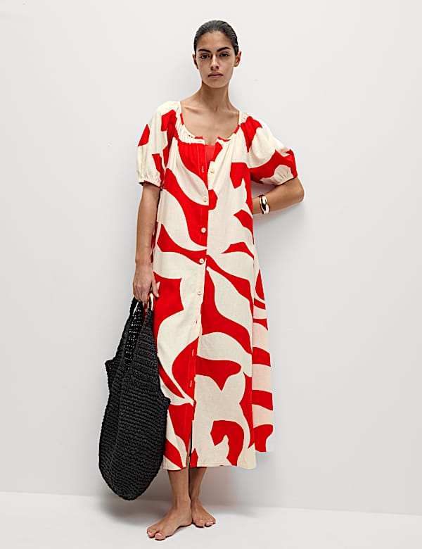 Linen Rich Printed Midi Swing Dress