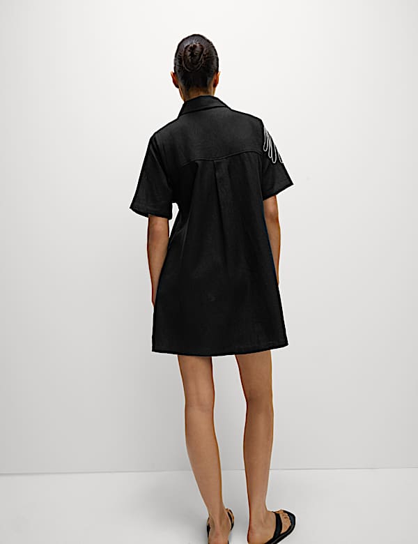 Linen Rich Embroidered Mini Shirt Dress