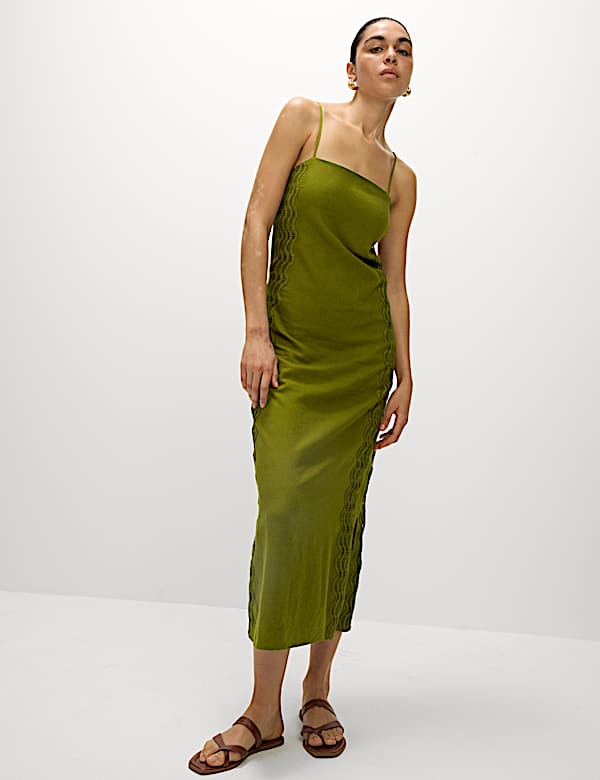 Linen Rich Square Neck Strappy Midi Shift Dress - US