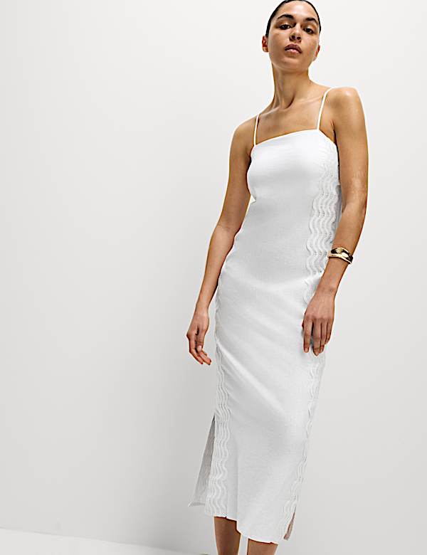 Linen Rich Square Neck Strappy Midi Shift Dress - US
