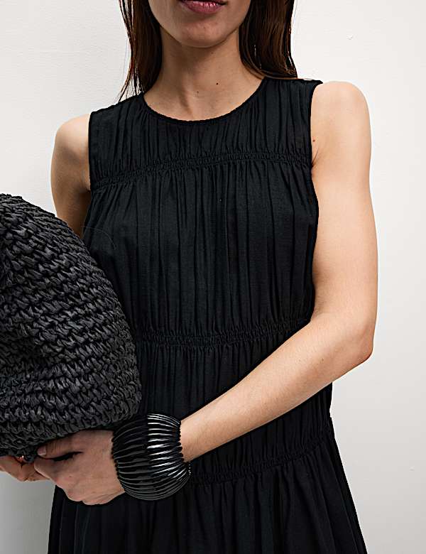 Linen Rich Ruched Midi Shift Dress