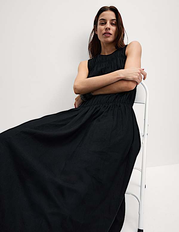 Linen Rich Ruched Midi Shift Dress