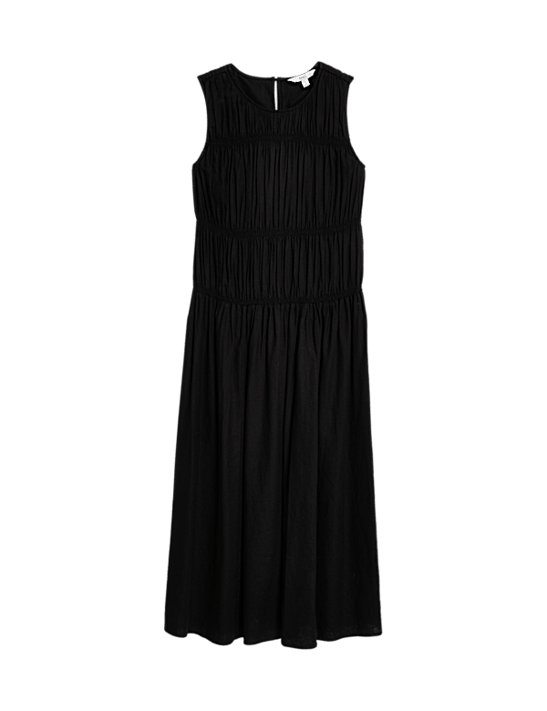 Linen Rich Ruched Midi Shift Dress