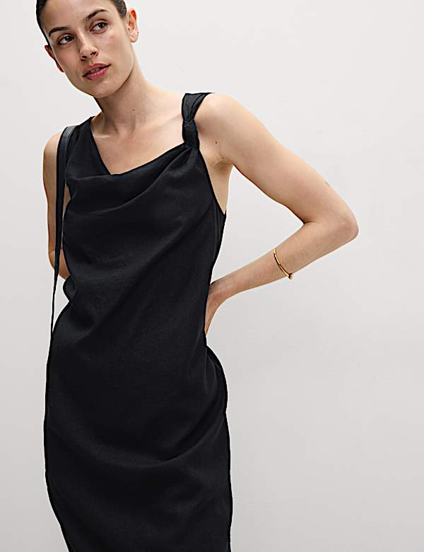 Linen Rich Tie Neck Midaxi Shift Dress - GR