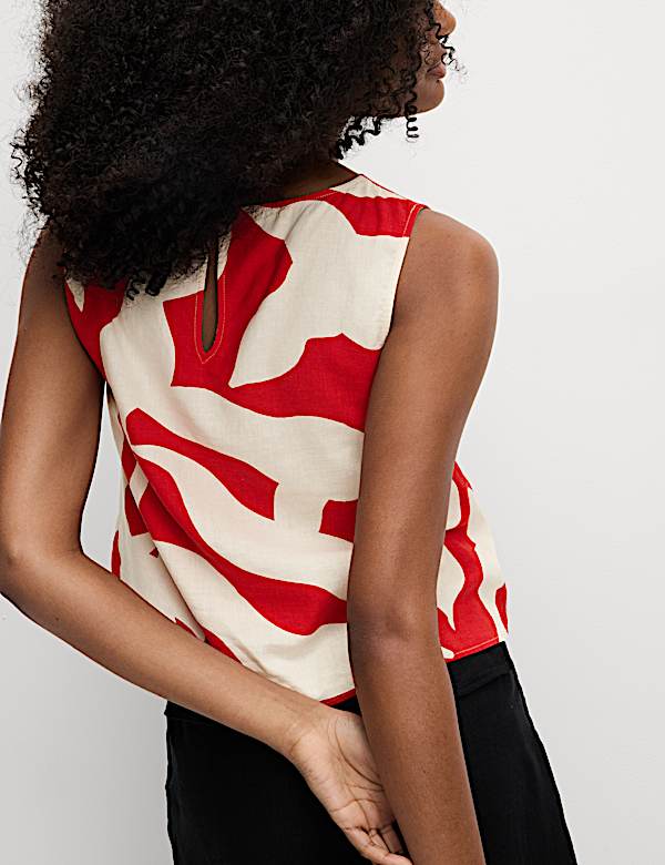 Linen Rich Printed Twist One Shoulder Top