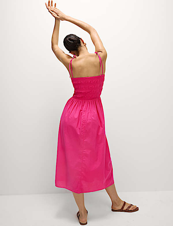 Pure Cotton Square Neck Shirred Midi Cami Dress