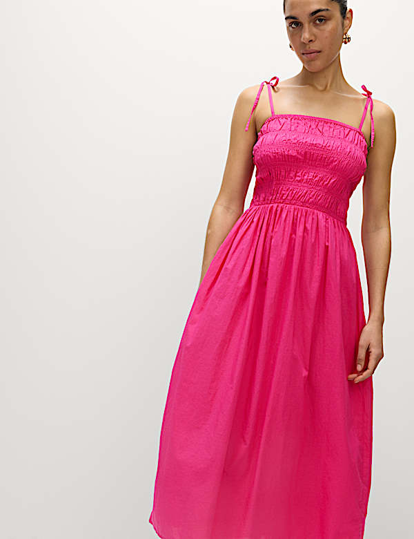 Pure Cotton Square Neck Shirred Midi Cami Dress