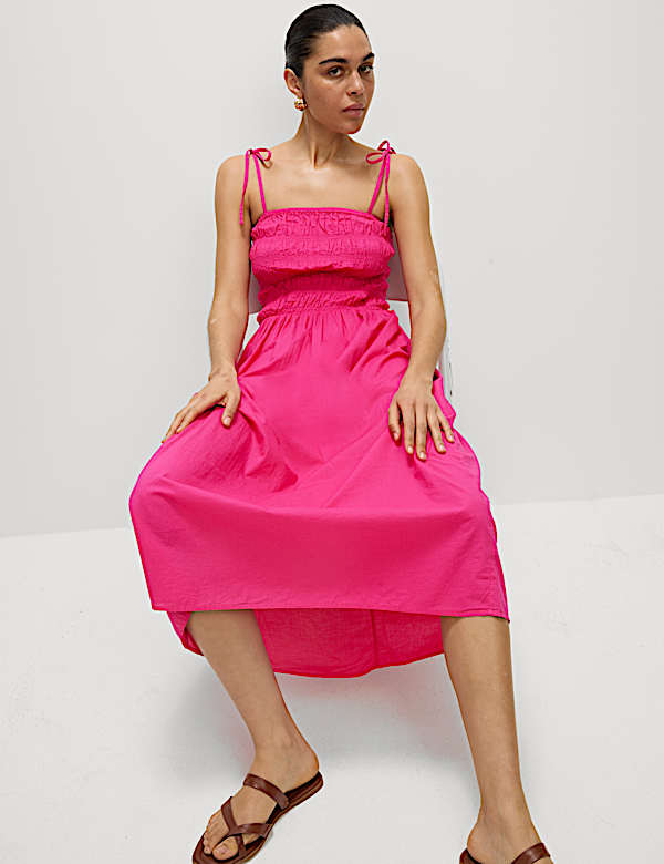 Pure Cotton Square Neck Shirred Midi Cami Dress