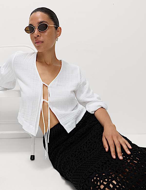 Pure Cotton V-Neck Tie Front Beach Top - LV