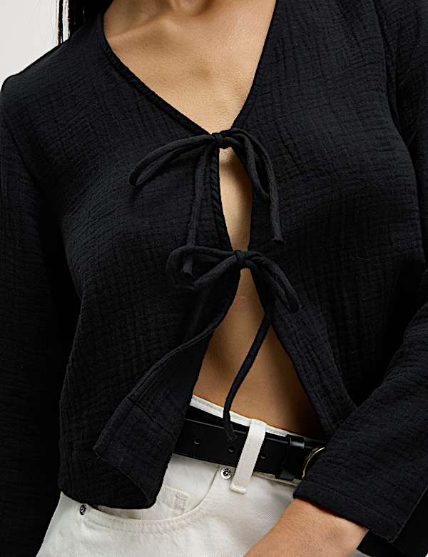 Pure Cotton V-Neck Tie Front Beach Top - AU