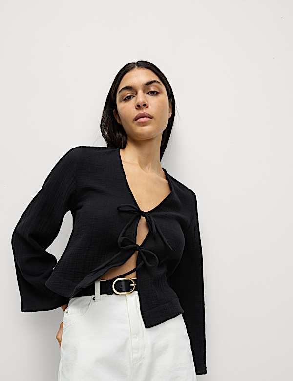 Pure Cotton V-Neck Tie Front Beach Top - CZ