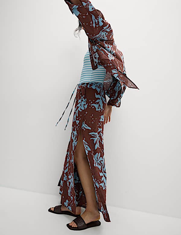 Pure Cotton Floral Elasticated Waist Wide Leg Trousers