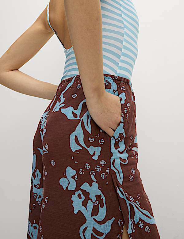Pure Cotton Floral Elasticated Waist Wide Leg Trousers