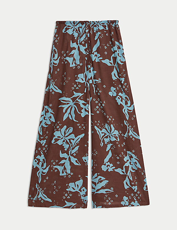 Pantalon large &agrave; taille &eacute;lastique 100 % coton fleuri - FR