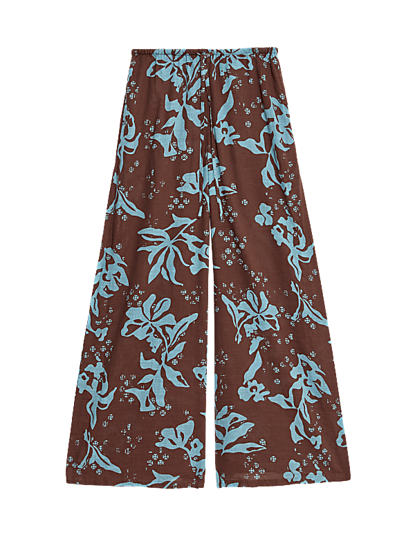 Pure Cotton Floral Elasticated Waist Wide Leg Trousers