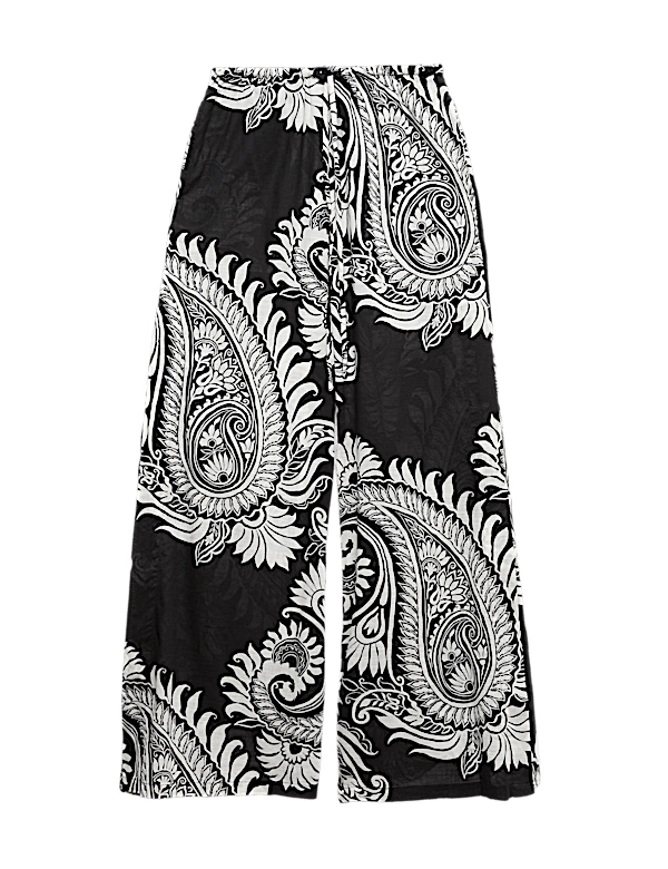 Pure Cotton Floral Elasticated Waist Wide Leg Trousers