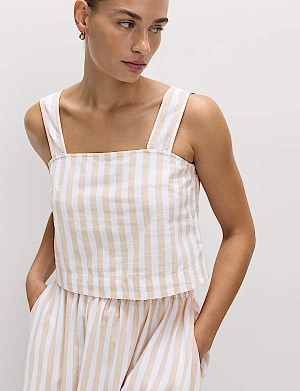 Printed Square Neck Beach Top with Linen