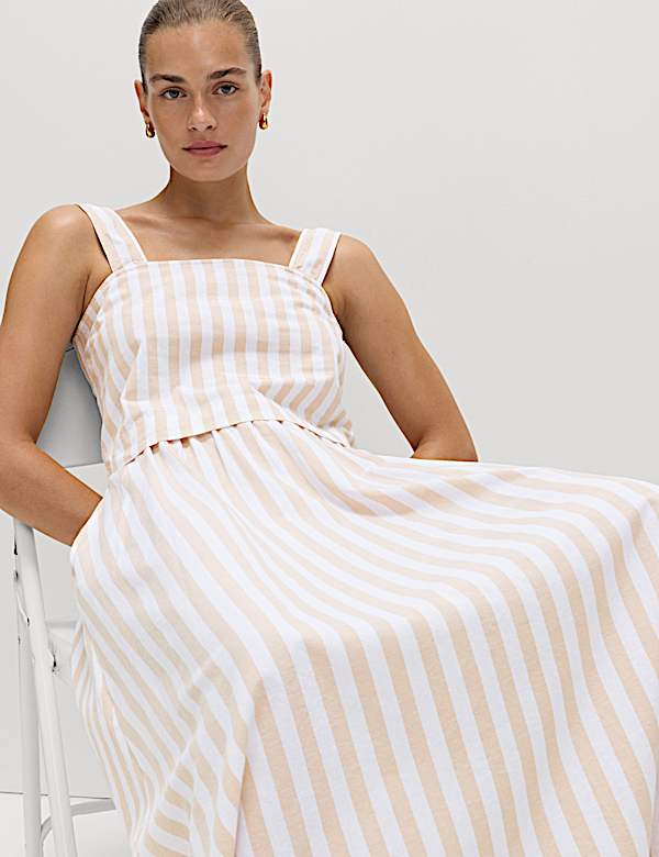 Printed Square Neck Beach Top with Linen