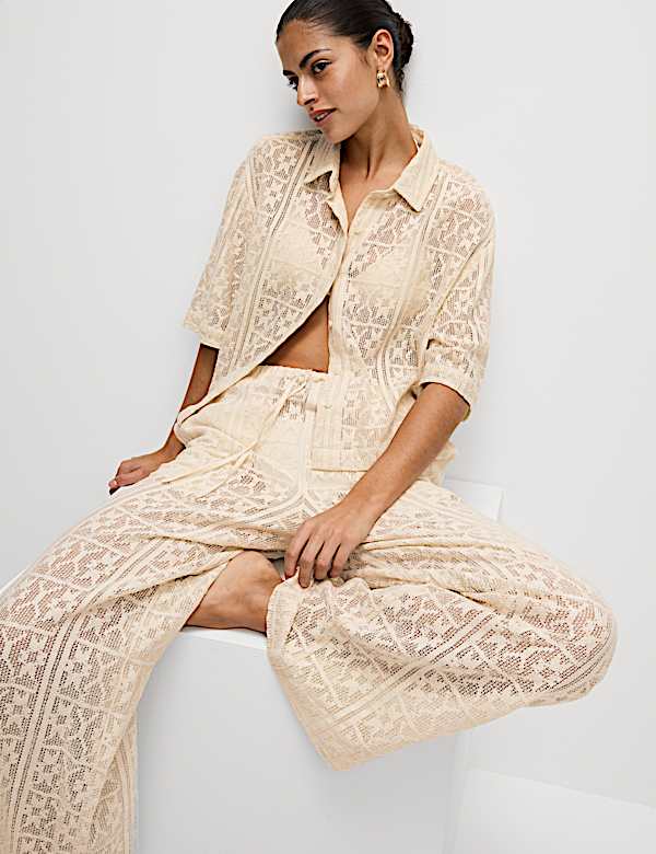 Pure Cotton Crochet Short Sleeve Beach Shirt
