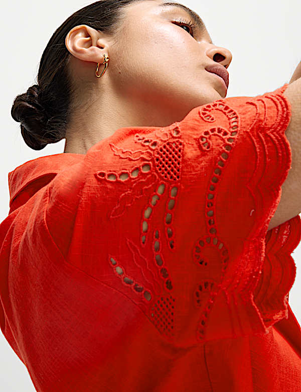 Pure Cotton Broderie Collared Button Through Beach Shirt