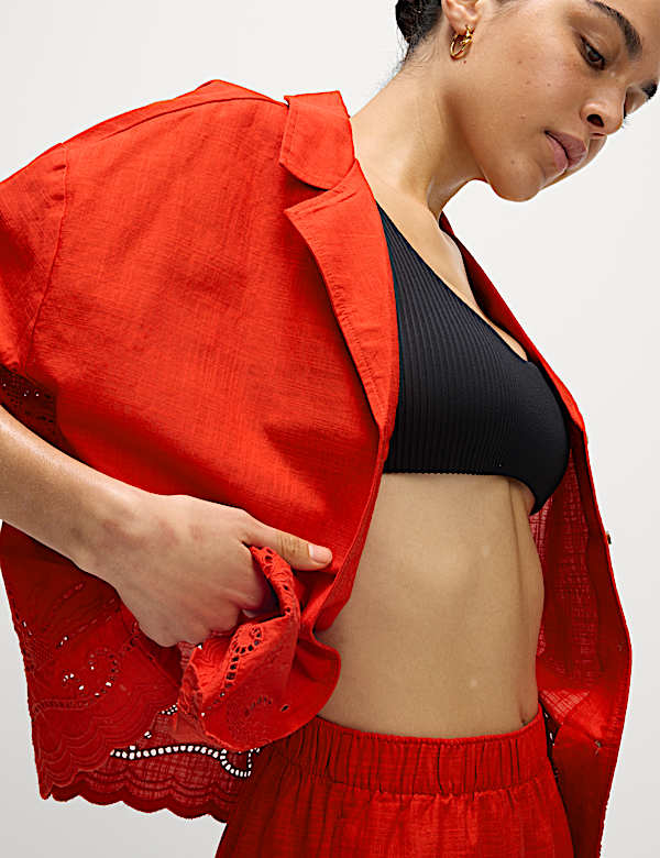 Pure Cotton Broderie Collared Button Through Beach Shirt