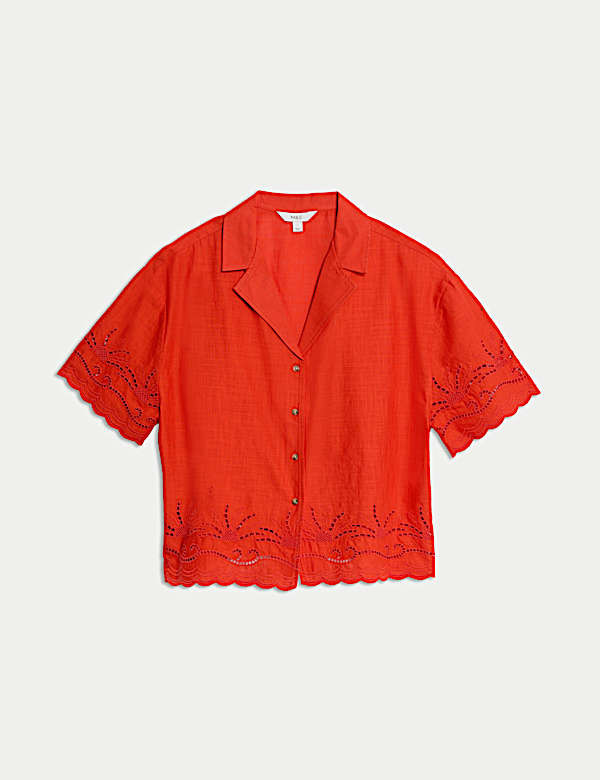 Pure Cotton Broderie Collared Button Through Beach Shirt - NL