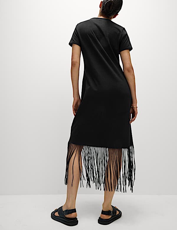 Jersey Fringe Trim Midaxi T-Shirt Beach Dress - IS