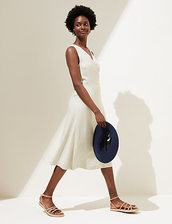 Linen Rich V-Neck Tie Waist Midi Wrap Dress