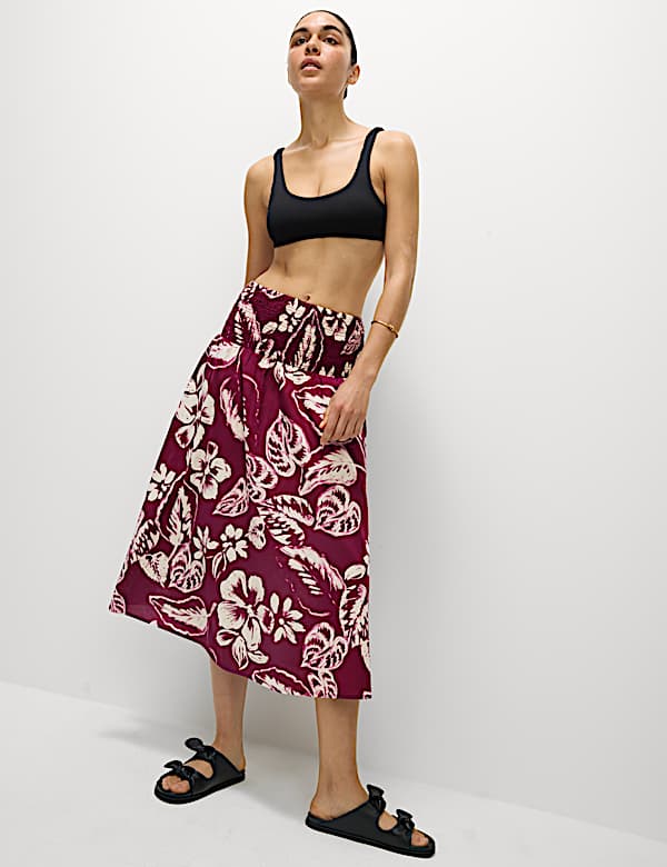Pure Cotton Printed Shirred Midi Tiered Beach Skirt