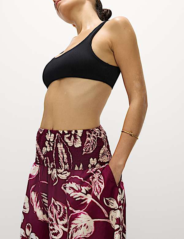 Pure Cotton Printed Shirred Midi Tiered Beach Skirt