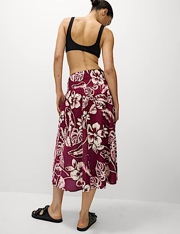 Pure Cotton Printed Shirred Midi Tiered Beach Skirt