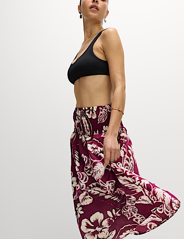 Pure Cotton Printed Shirred Midi Tiered Beach Skirt