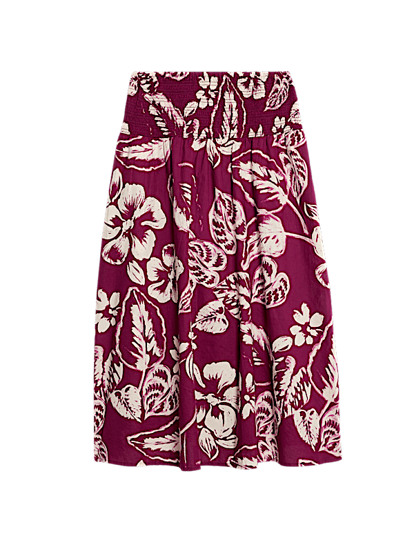 Pure Cotton Printed Shirred Midi Tiered Beach Skirt
