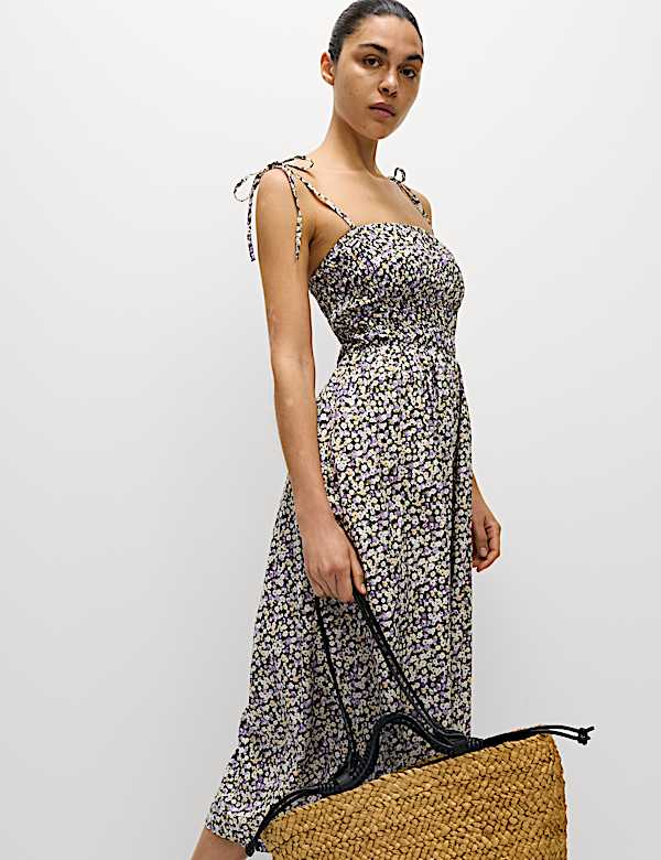 Robe caraco midaxi froncée à col carré et imprimé - CA