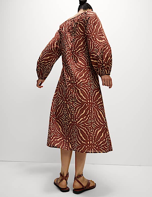 Pure Cotton Printed Tie Neck Puff Sleeve Midaxi Kaftan Dress - JE