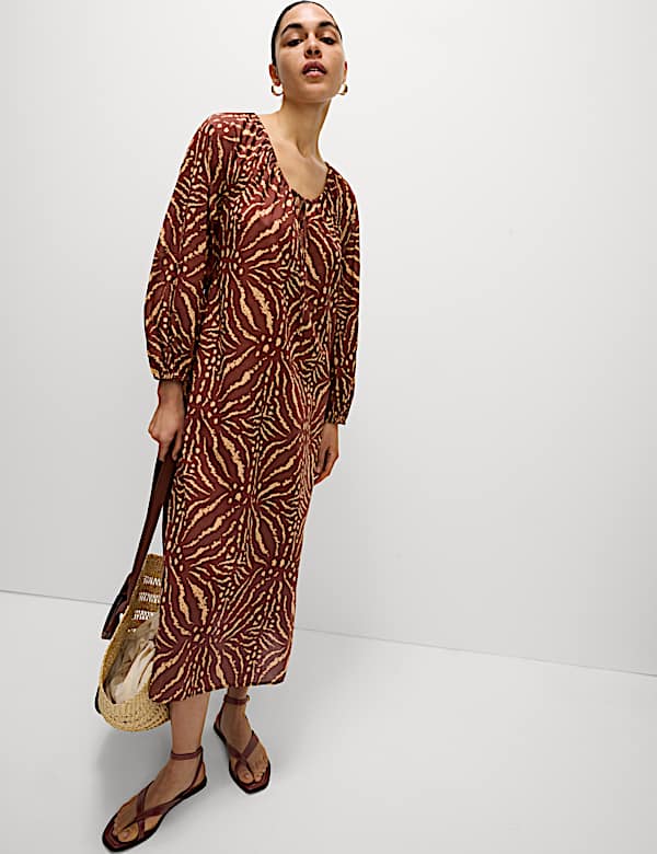 Pure Cotton Printed Tie Neck Puff Sleeve Midaxi Kaftan Dress