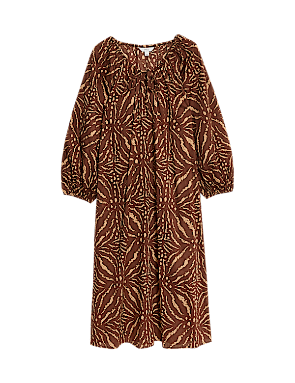 Pure Cotton Printed Tie Neck Puff Sleeve Midaxi Kaftan Dress