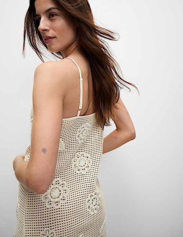 Pure Cotton Crochet Floral V-Neck Mini Beach Dress - LV