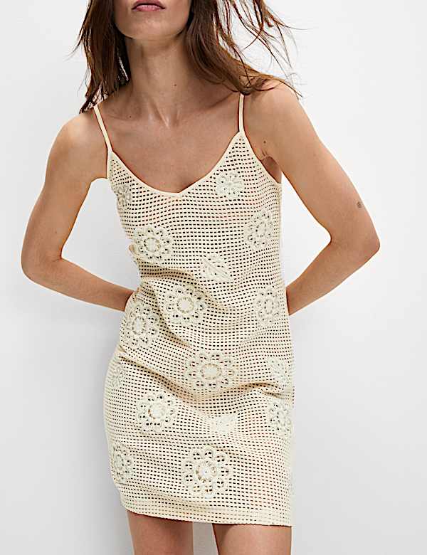 Pure Cotton Crochet Floral V-Neck Mini Beach Dress - LV