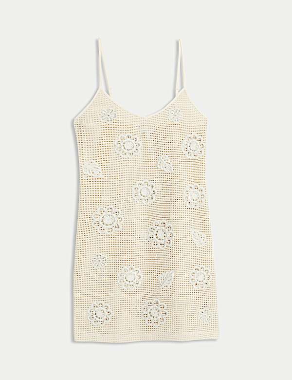 Pure Cotton Crochet Floral V-Neck Mini Beach Dress - LV