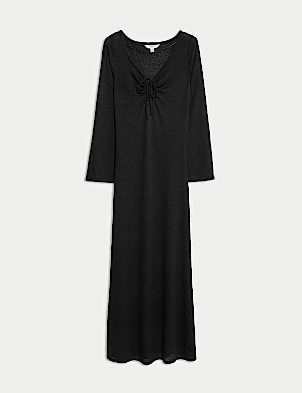 Knitted V-Neck Tie Detail Maxi Beach Dress - JE