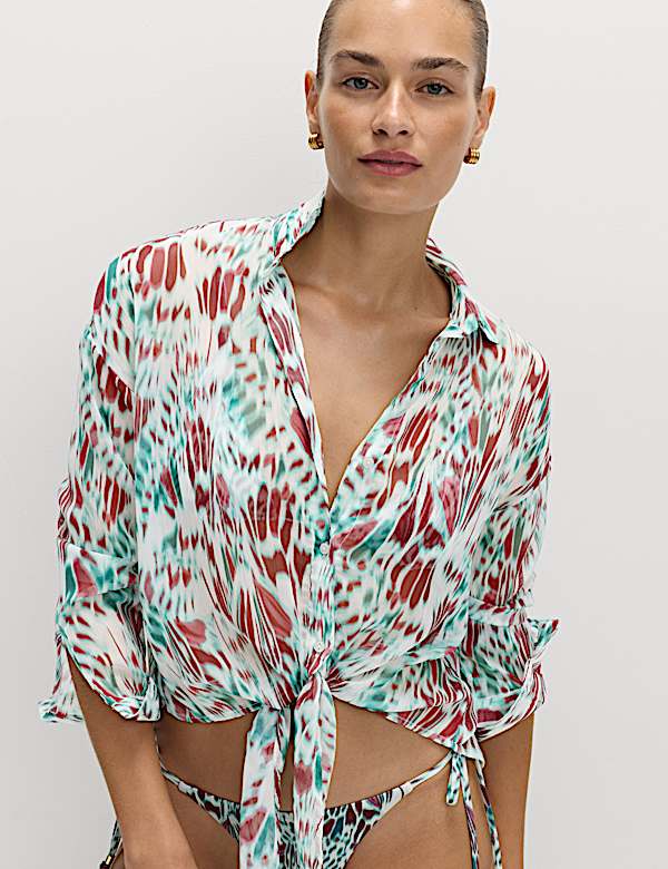 Printed Collared Tie Front Beach Shirt