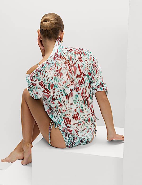 Printed Collared Tie Front Beach Shirt