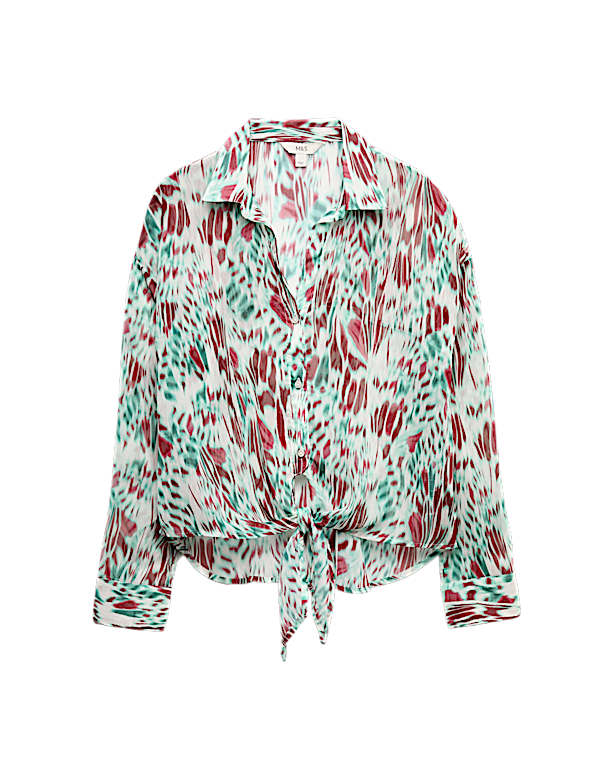 Printed Collared Tie Front Beach Shirt