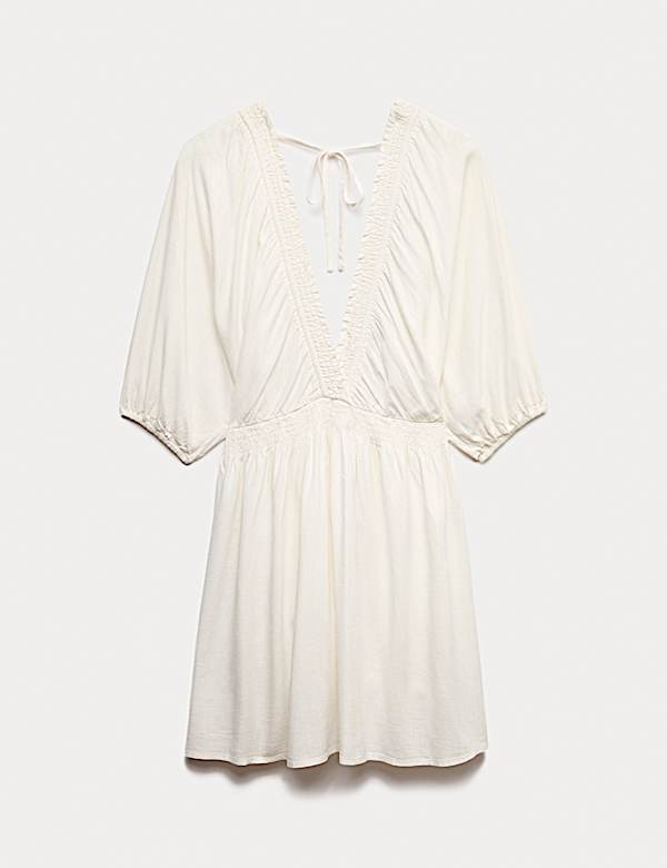 שמלת חוף מיני בשילוב פשתן עם מחשוף וי וכיווצים - IL