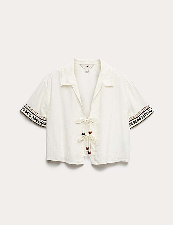 Linen Rich Beaded Tie Front Shirt
