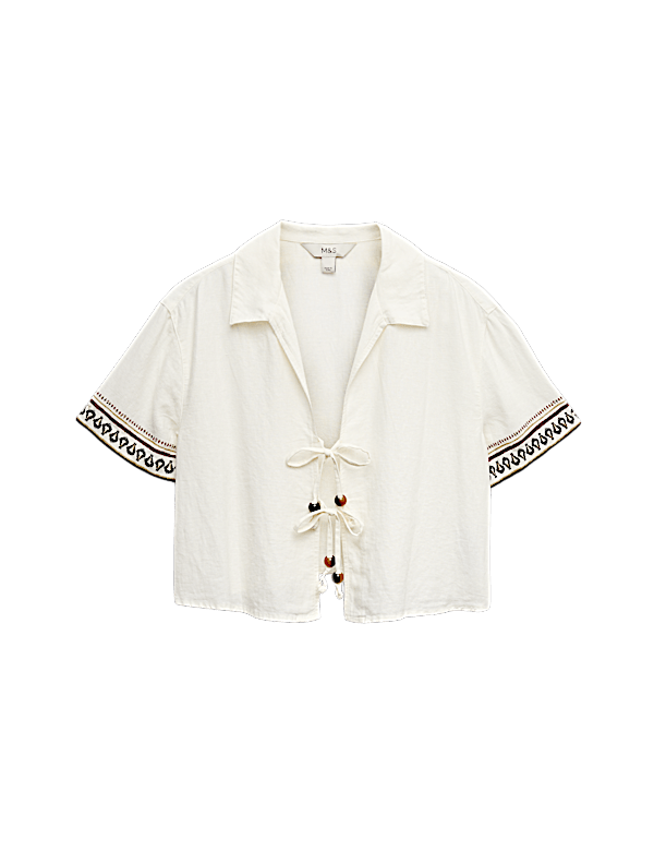 Linen Rich Beaded Tie Front Shirt
